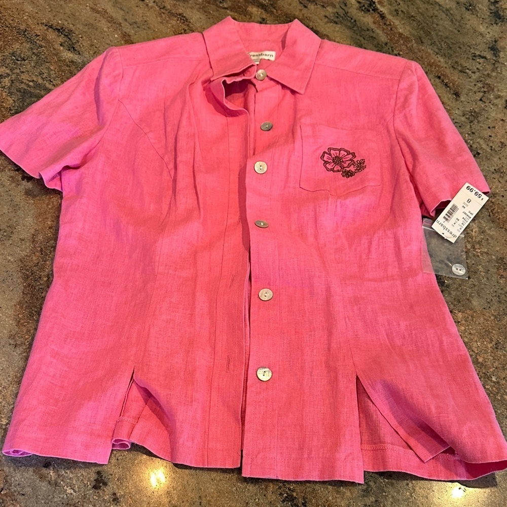 Dressbarn Pink Embroidered Short Sleeve Shirt